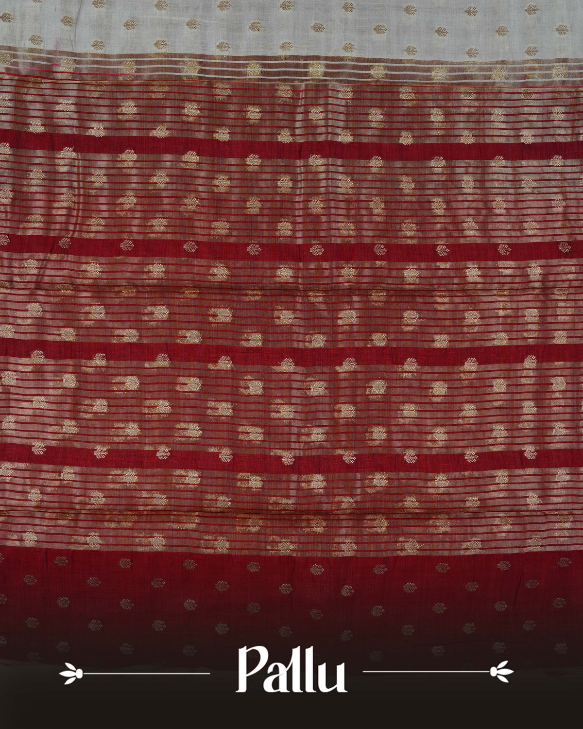 Cream colour Tussar silk saree Featuring buttas on body, complemented by Contrast maroon colour gold zari check pattern with elephant motifs on border, paired with matching blouse piece.