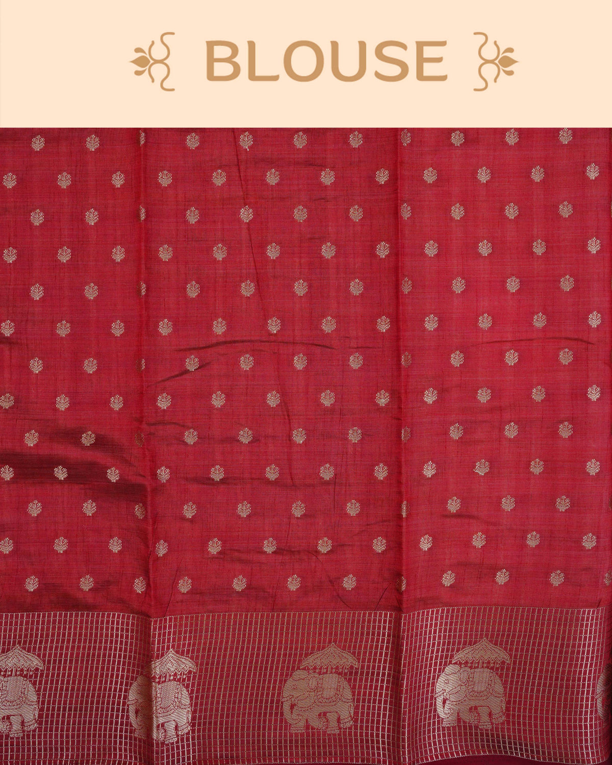 Cream colour Tussar silk saree Featuring buttas on body, complemented by Contrast maroon colour gold zari check pattern with elephant motifs on border, paired with matching blouse piece.