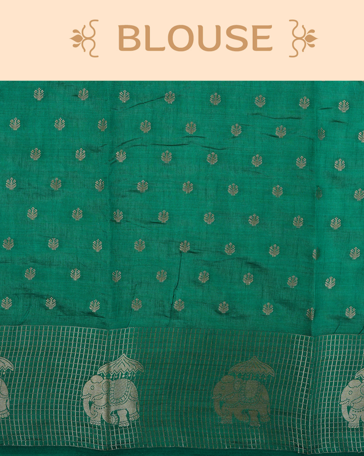 Cream colour Tussar silk saree Featuring buttas on body, complemented by Contrast green colour gold zari check pattern with elephant motifs on border, paired with matching blouse piece.