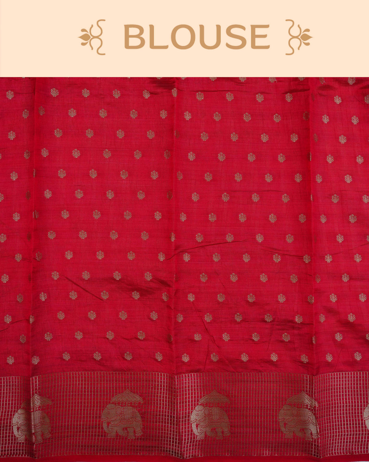 Cream colour Tussar silk saree Featuring buttas on body, complemented by Contrast red colour gold zari check pattern with elephant motifs on border, paired with matching blouse piece.