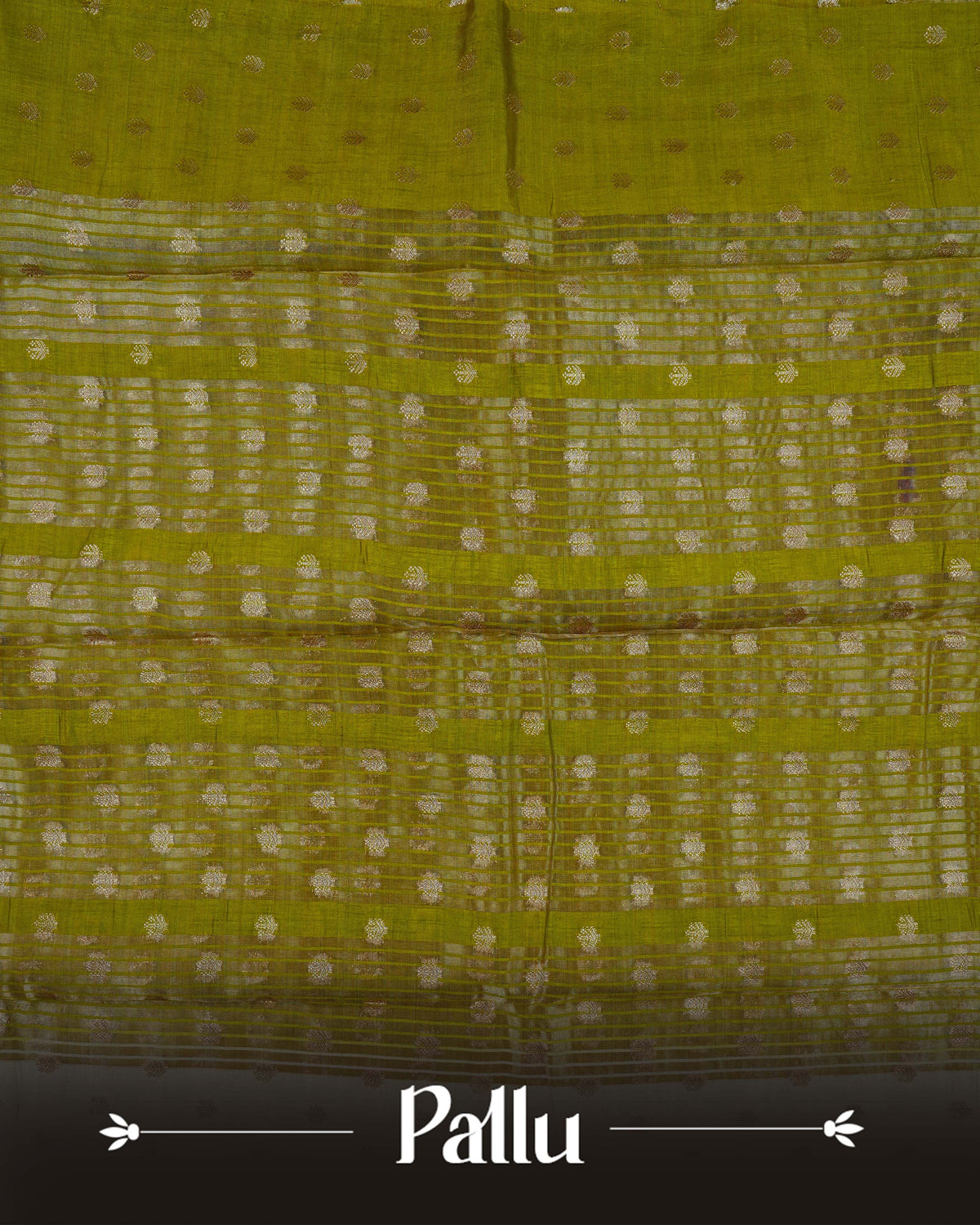 Cream colour Tussar silk saree Featuring buttas on body, complemented by Contrast olive green colour gold zari check pattern with elephant motifs on border, paired with matching blouse piece.