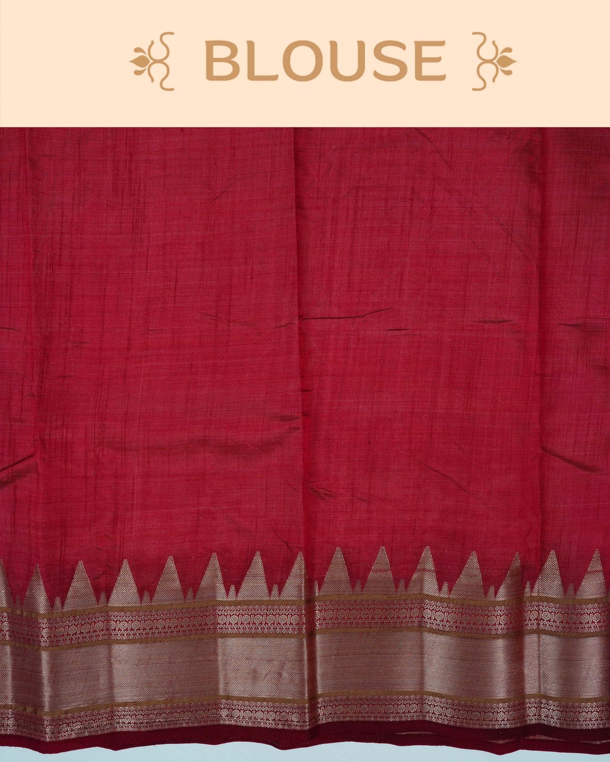 Cream colour Tussar silk saree Featuring Plain body, complemented by Contrast maroon colour gold zari temple & zari border, paired with matching blouse piece.