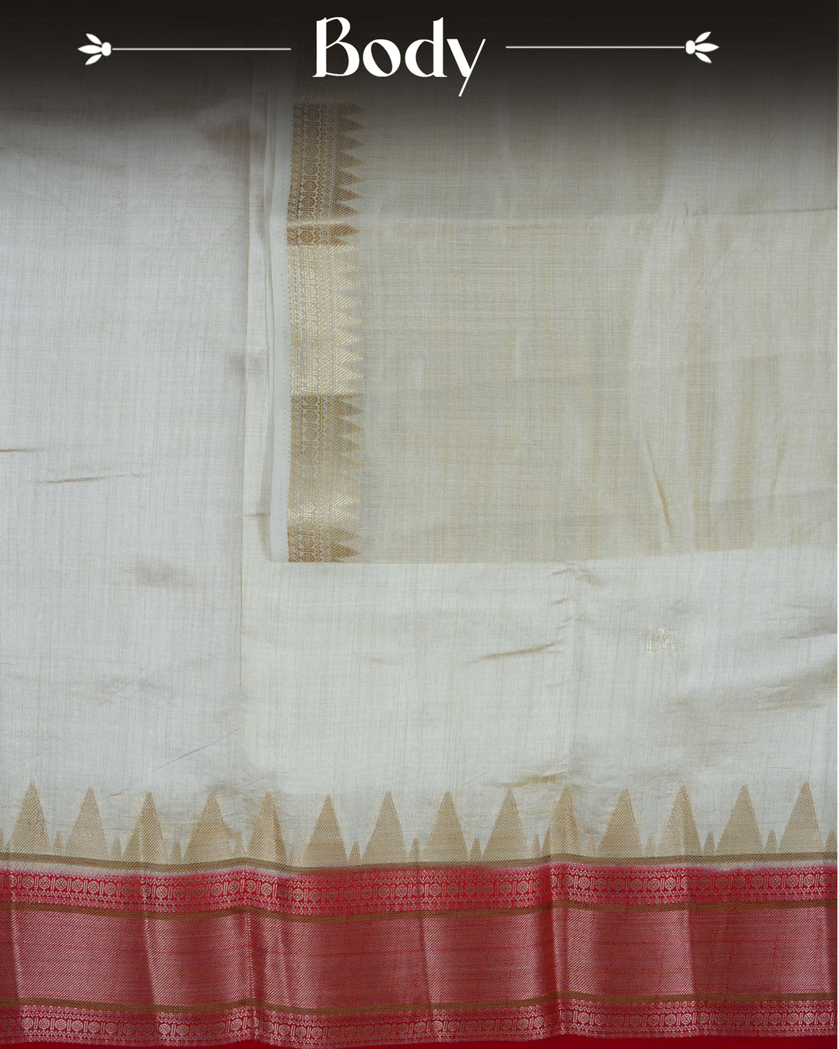 Cream colour Tussar silk saree Featuring Plain body, complemented by Contrast red colour gold zari temple & zari border, paired with matching blouse piece.
