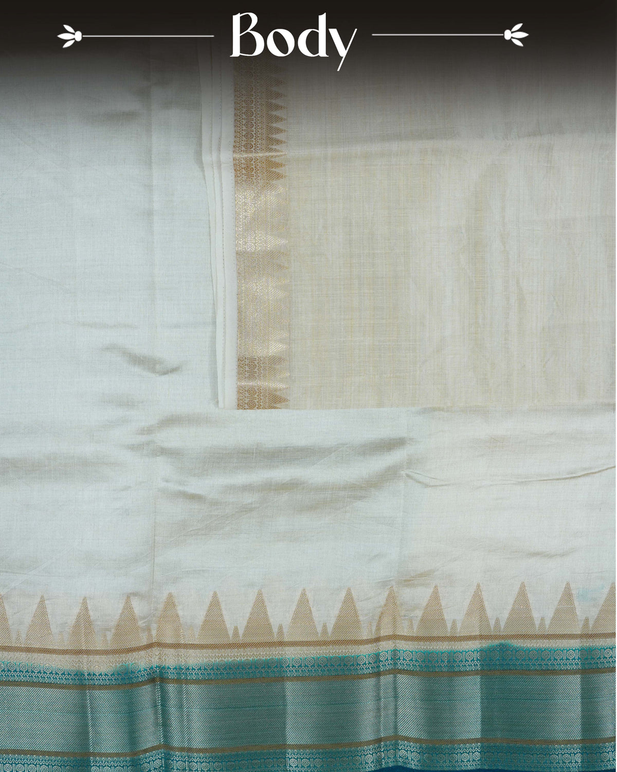 Cream colour Tussar silk saree Featuring Plain body, complemented by Contrast teal green colour gold zari temple & zari border, paired with matching blouse piece.