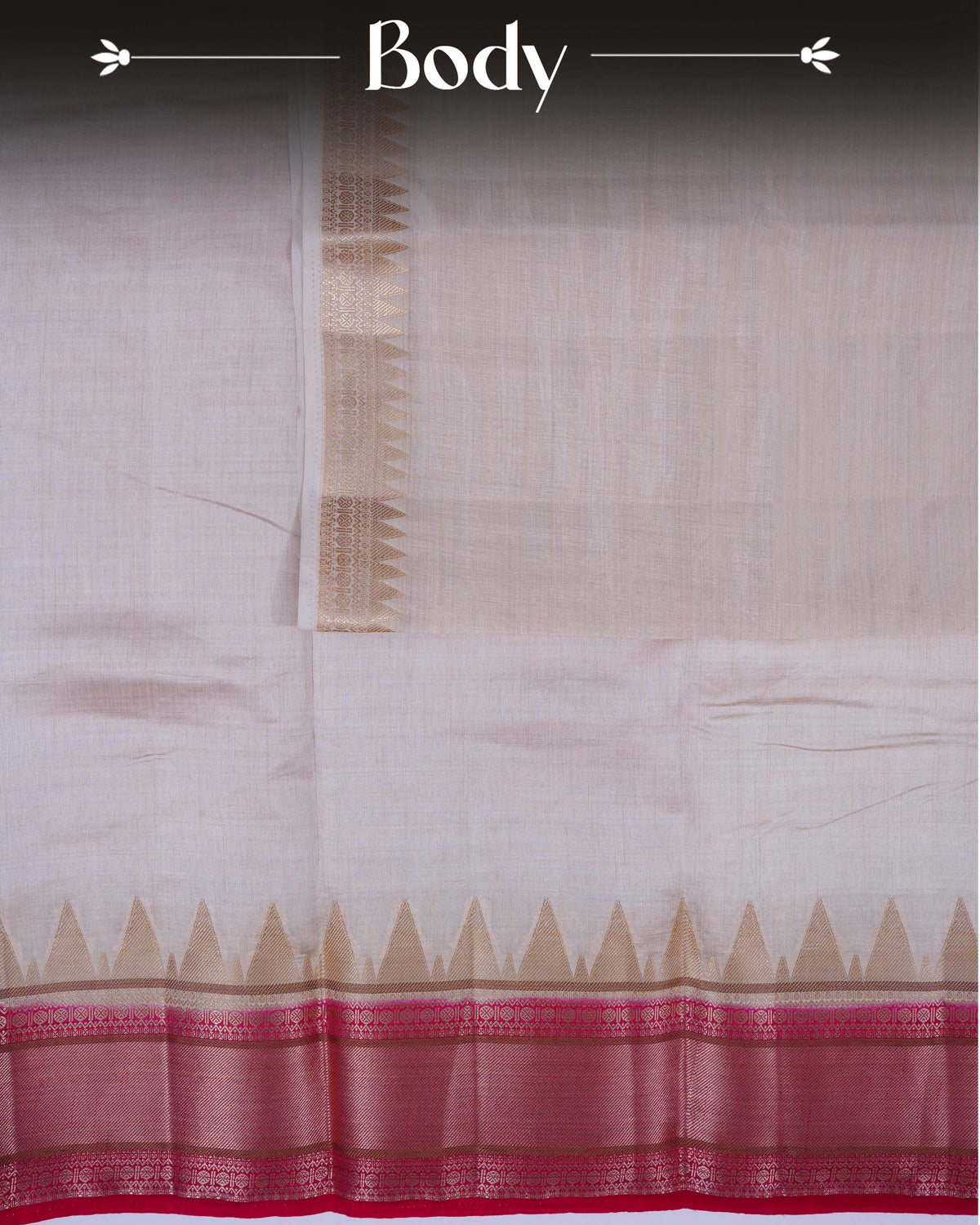 Cream colour Tussar silk saree Featuring Plain body, complemented by Contrast pink colour gold zari temple & zari border, paired with matching blouse piece.
