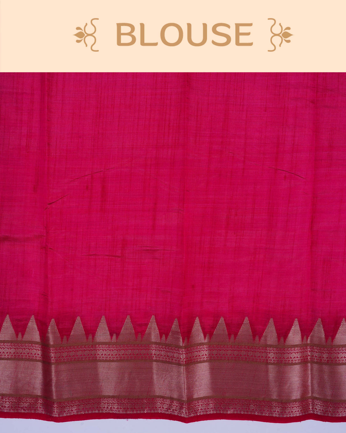 Cream colour Tussar silk saree Featuring Plain body, complemented by Contrast pink colour gold zari temple & zari border, paired with matching blouse piece.