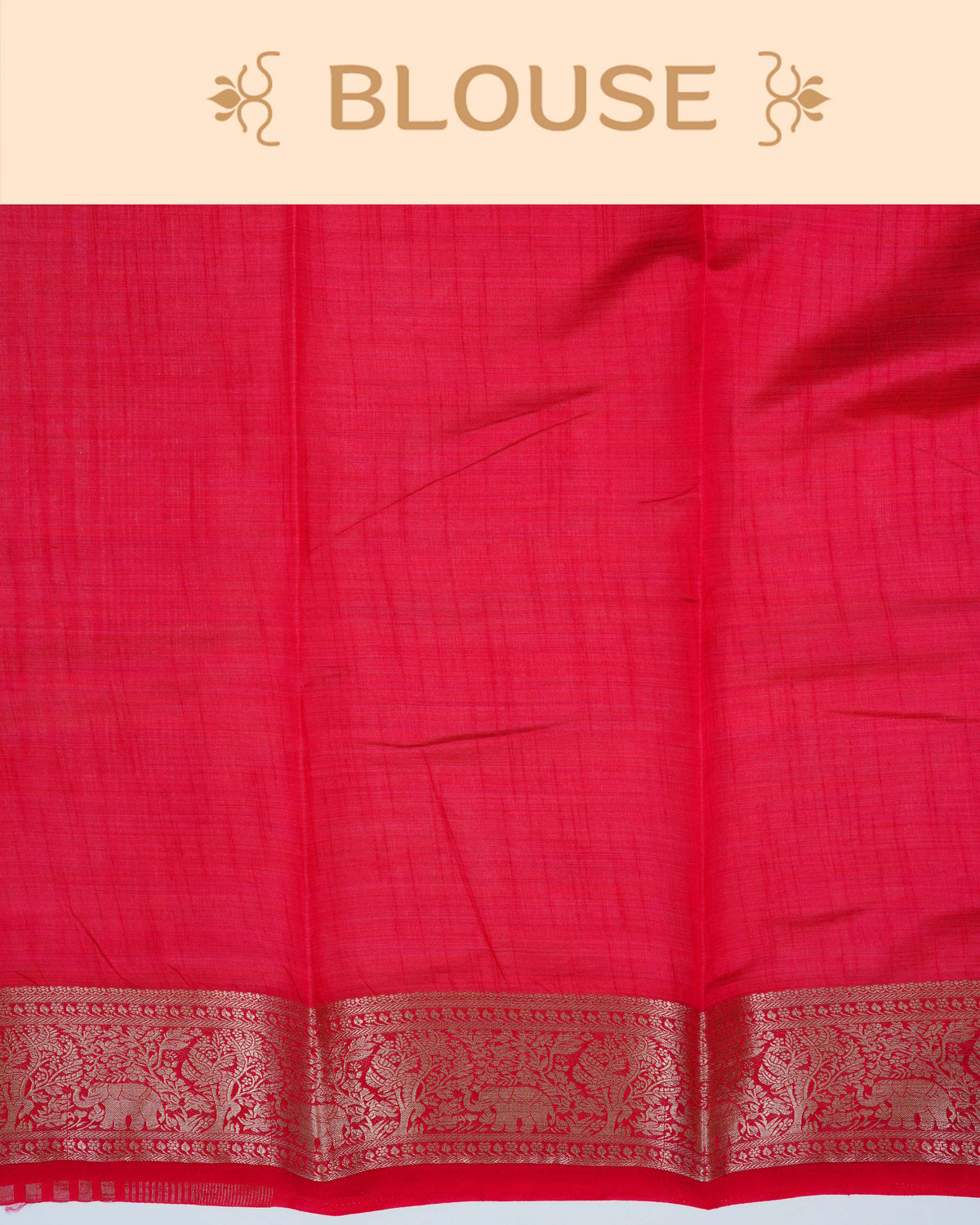 Cream colour Tussar silk saree Featuring Plain body, complemented by Contrast red colour gold zari elephant & tree motifs on border, paired with matching blouse piece.