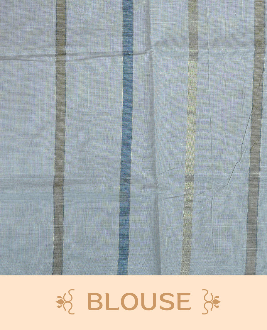 Cream Colour Cotton Kerala Saree Featuring Blue &  Gold Zari Strips On The Body & Pallu, Paired With A Matching Blouse Piece.