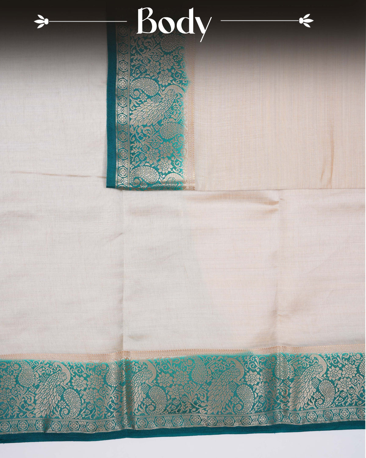 Cream colour Tussar silk saree Featuring Plain body, complemented by Contrast green colour gold zari peacock & mango motifs on border, paired with matching blouse piece.