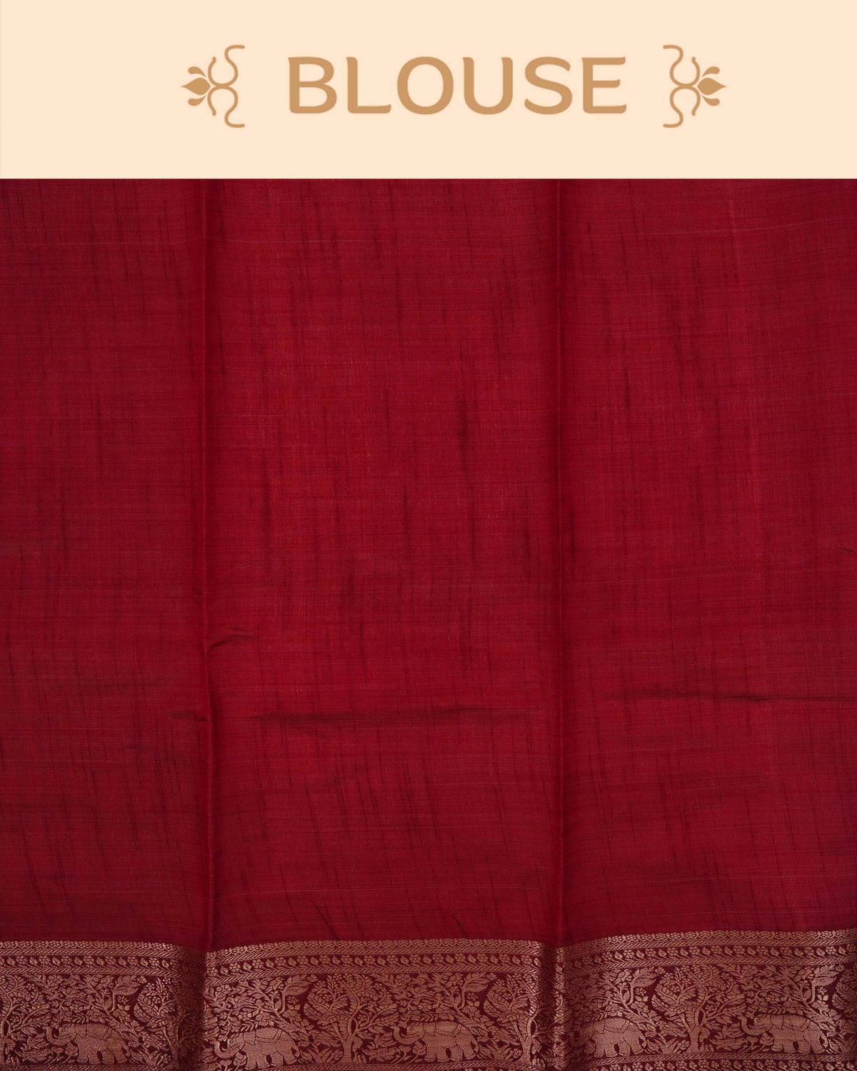 Cream colour Tussar silk saree Featuring Plain body, complemented by Contrast dark maroon colour gold zari elephant & tree motifs on border, paired with matching blouse piece.