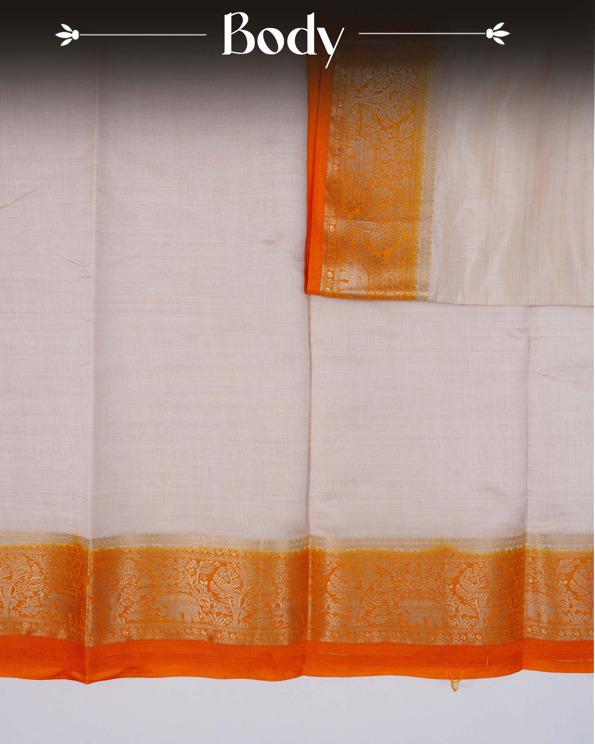 Cream colour Tussar silk saree Featuring Plain body, complemented by Contrast orange colour gold zari elephant & tree motifs on border, paired with matching blouse piece.