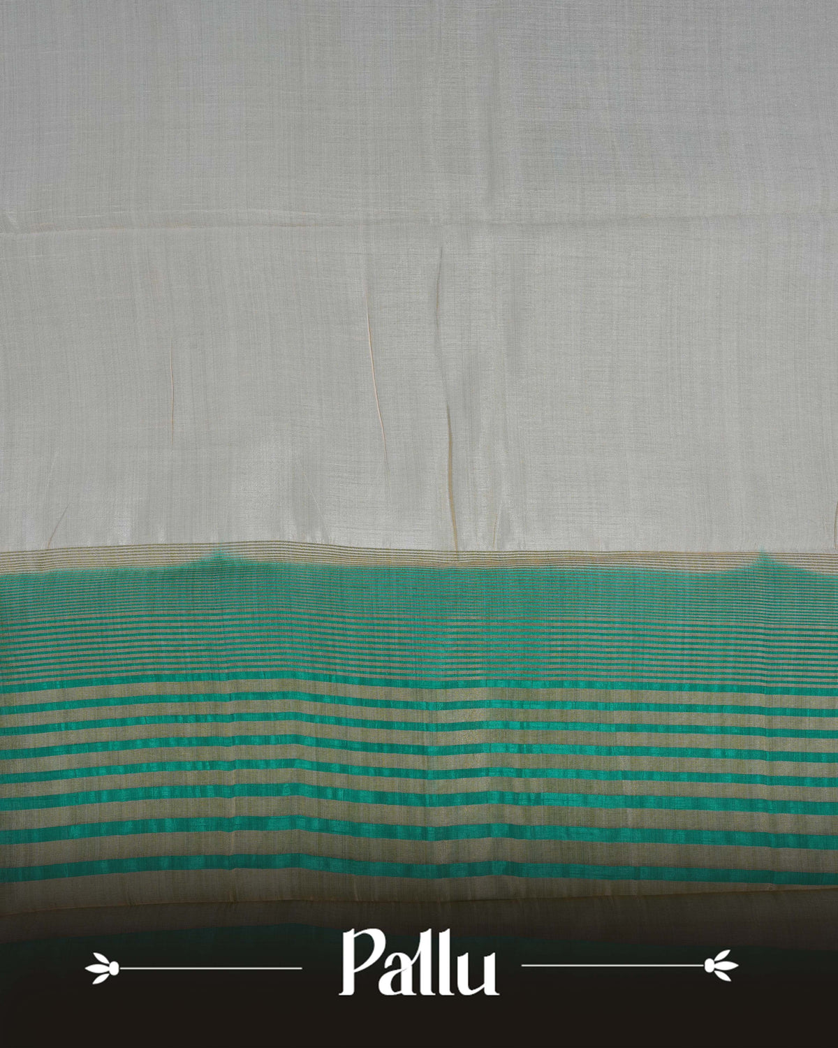 Cream colour Tussar silk saree Featuring Plain body, complemented by Contrast green colour gold zari elephant & tree motifs on border, paired with matching blouse piece.