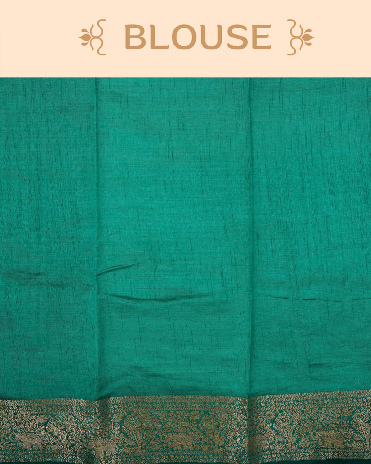 Cream colour Tussar silk saree Featuring Plain body, complemented by Contrast green colour gold zari elephant & tree motifs on border, paired with matching blouse piece.