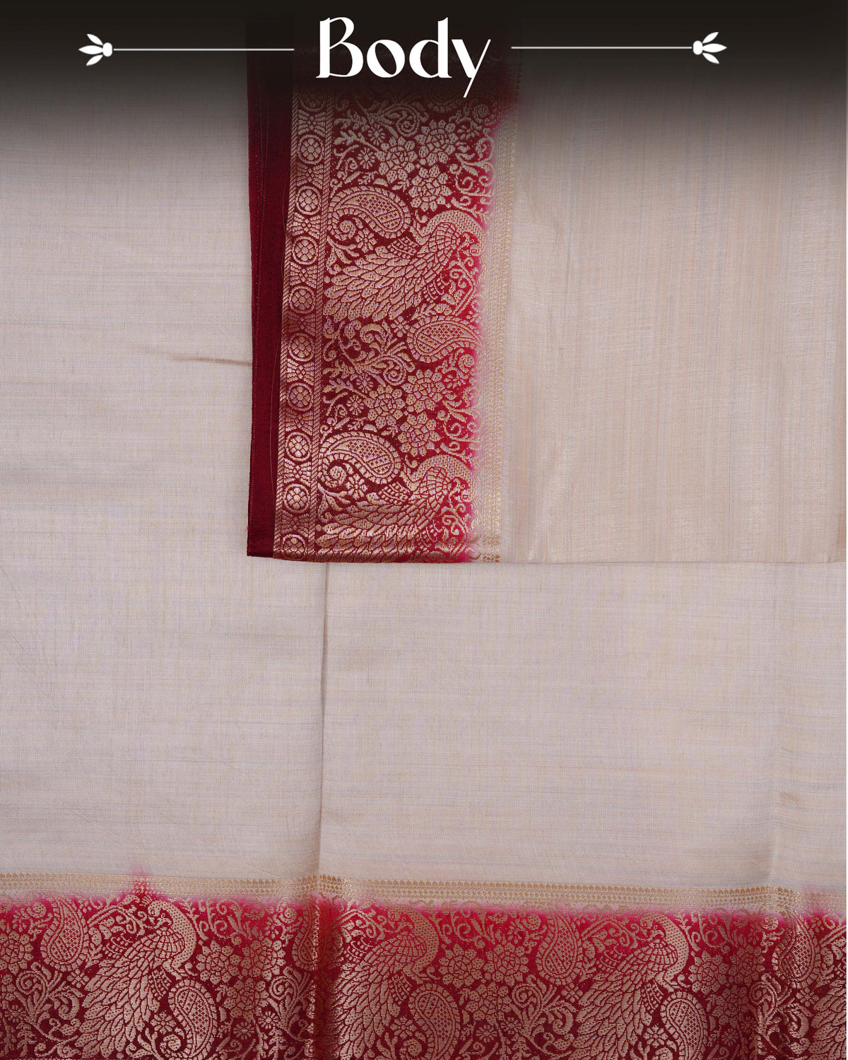 Cream colour Tussar silk saree Featuring Plain body, complemented by Contrast dark maroon colour gold zari peacock & mango motifs on border, paired with matching blouse piece.