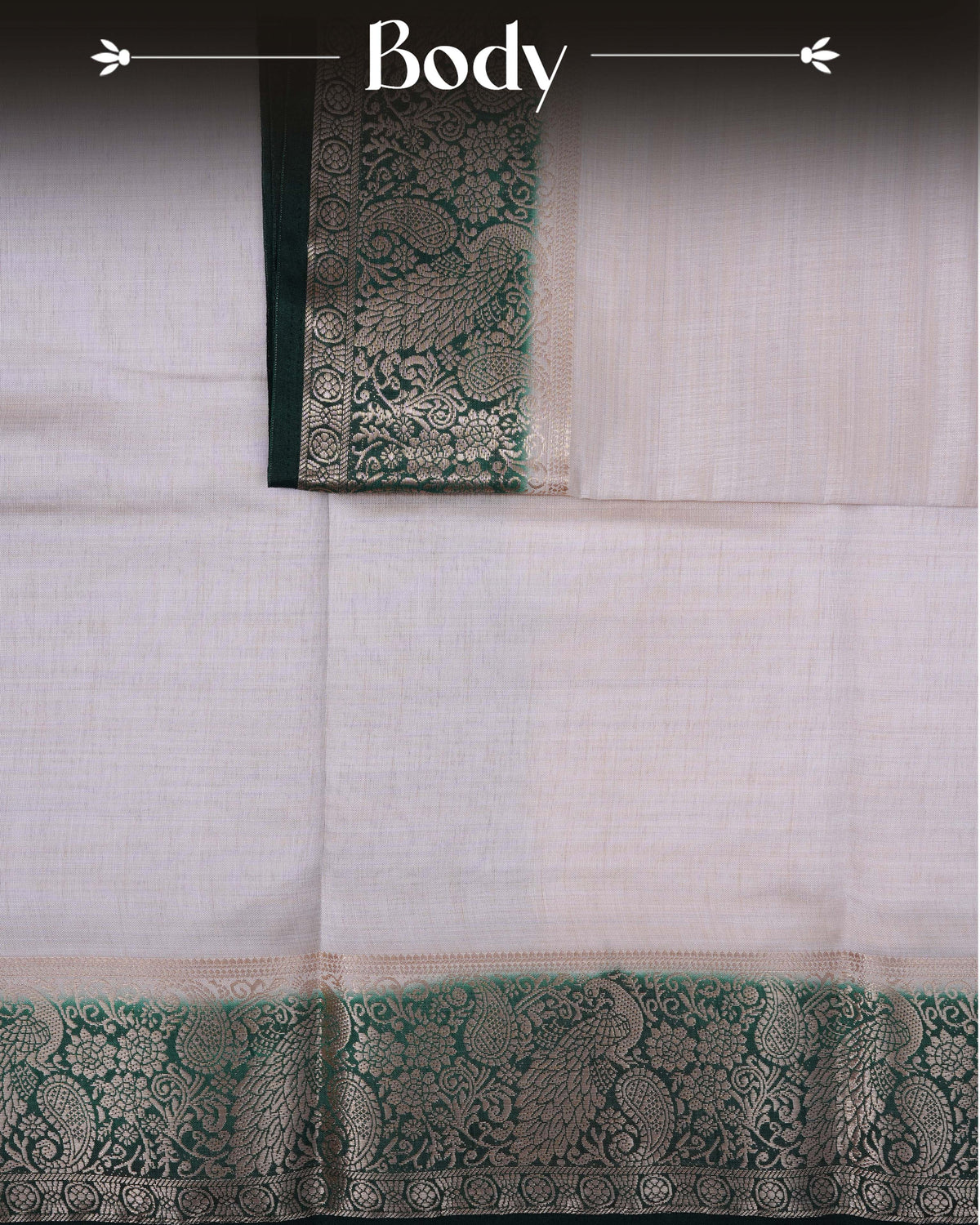 Cream colour Tussar silk saree Featuring Plain body, complemented by Contrast dark green colour gold zari peacock & mango motifs on border, paired with matching blouse piece.