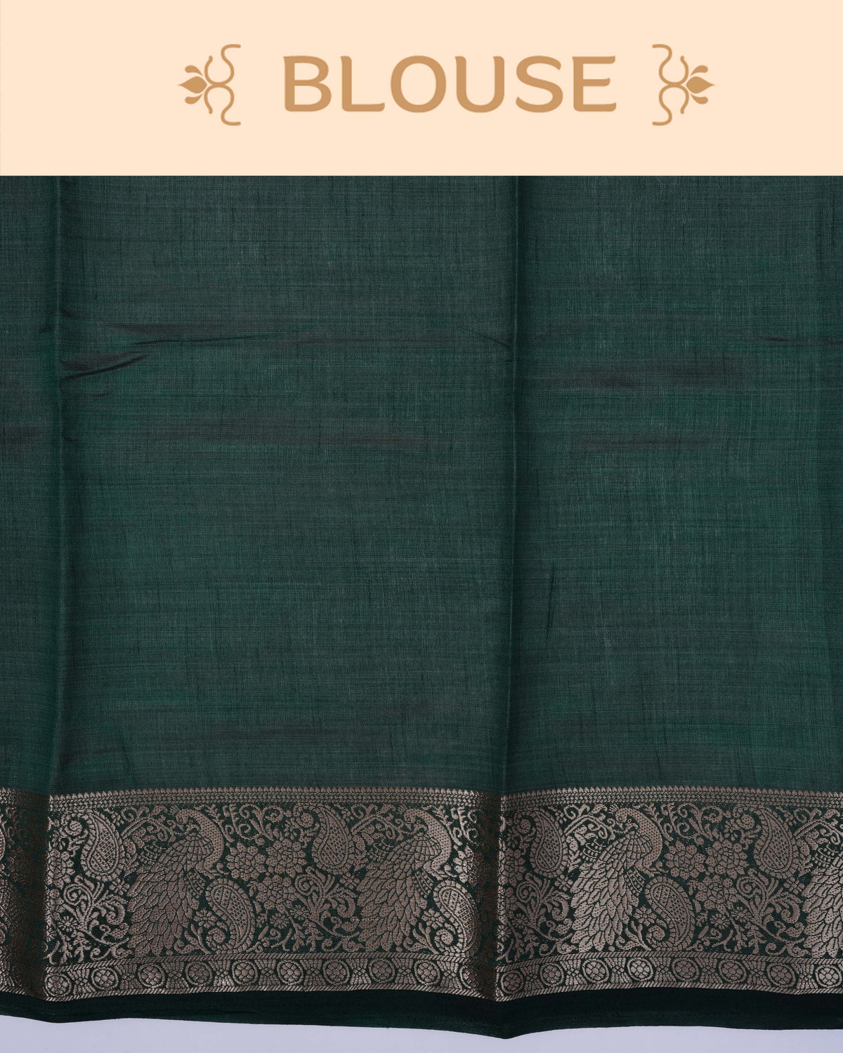 Cream colour Tussar silk saree Featuring Plain body, complemented by Contrast dark green colour gold zari peacock & mango motifs on border, paired with matching blouse piece.