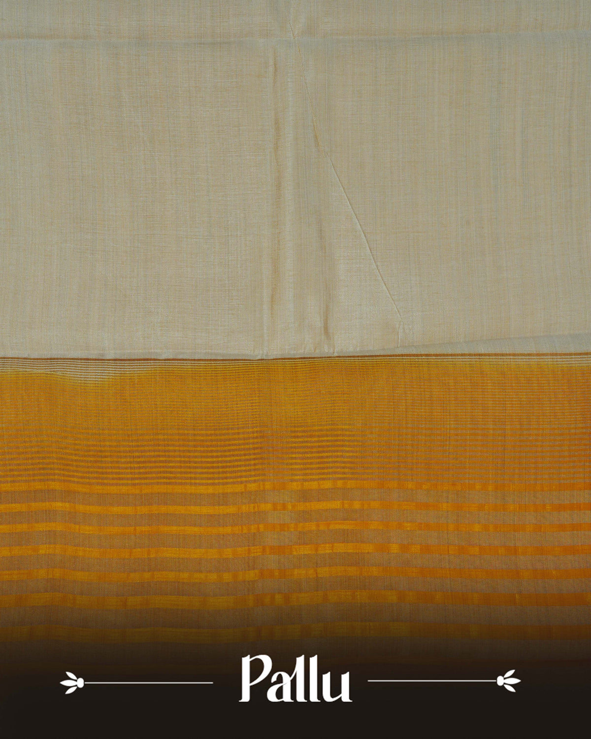 Cream colour Tussar silk saree Featuring Plain body, complemented by Contrast mustard yellow colour gold zari peacock & mango motifs on border, paired with matching blouse piece.