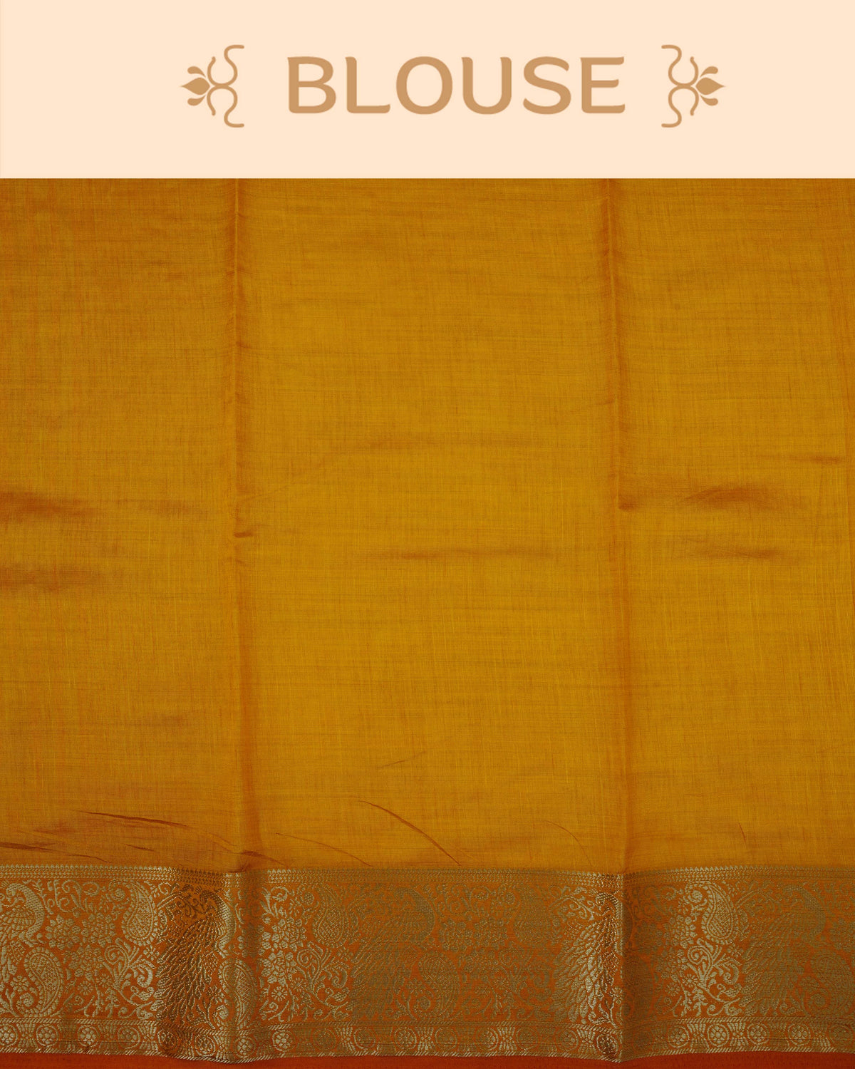 Cream colour Tussar silk saree Featuring Plain body, complemented by Contrast mustard yellow colour gold zari peacock & mango motifs on border, paired with matching blouse piece.