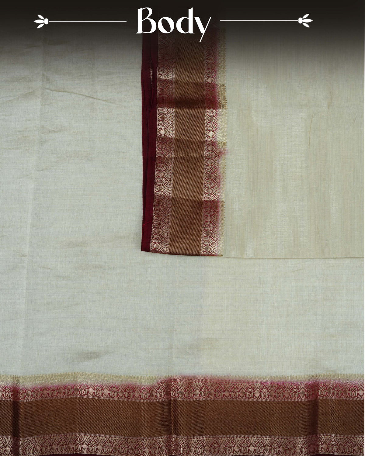 Cream colour Tussar silk saree Featuring Plain body, complemented by Contrast dark maroon colour double border with zari detailing, paired with matching blouse piece.
