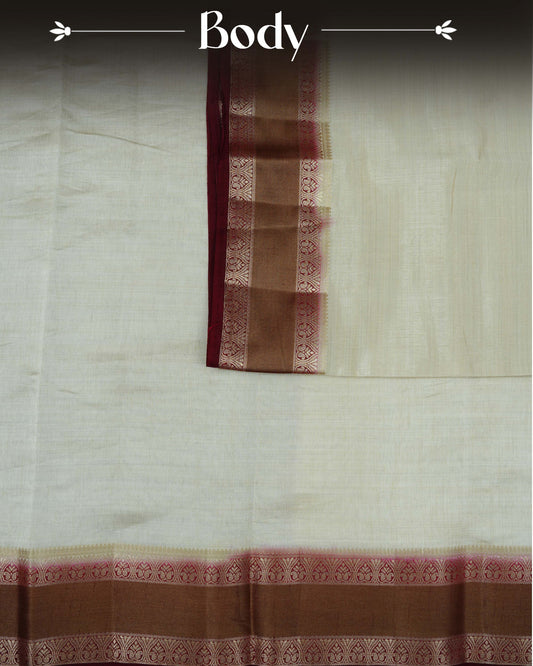 Cream colour Tussar silk saree Featuring Plain body, complemented by Contrast dark maroon colour double border with zari detailing, paired with matching blouse piece.