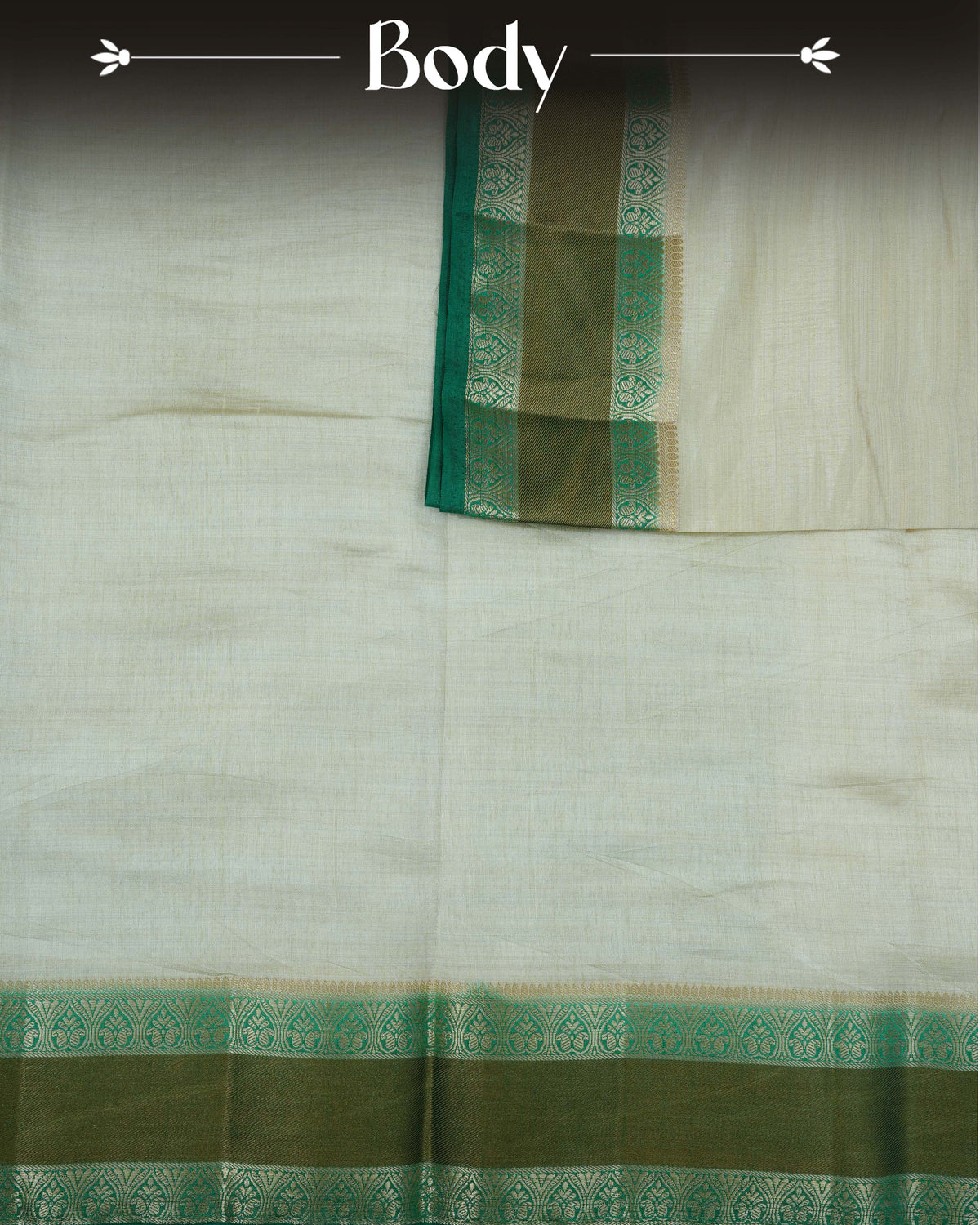 Cream colour Tussar silk saree Featuring Plain body, complemented by Contrast green colour double border with zari detailing, paired with matching blouse piece.