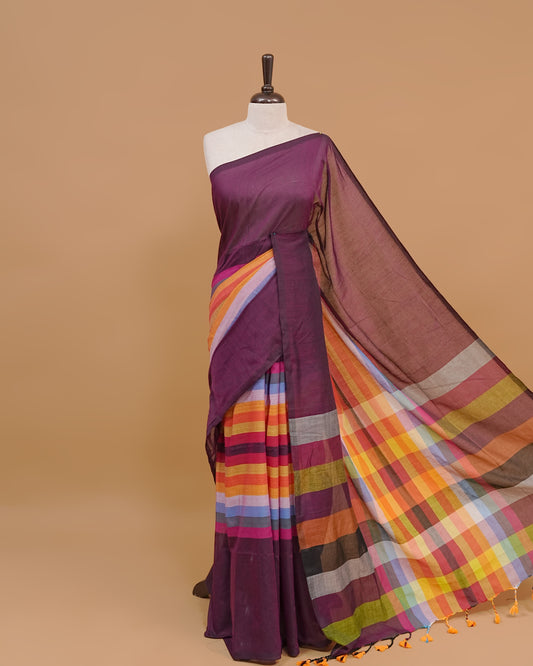 Deep Wine Colour Mul Cotton Saree Featuring Plain body. With out Border Golden Strips on pallu comes With Tassels