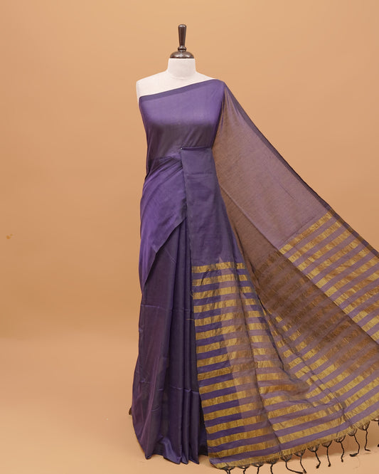 Viloet Colour Mul Cotton Saree Featuring Plain body. With out Border Golden Strips on pallu comes With Tassels