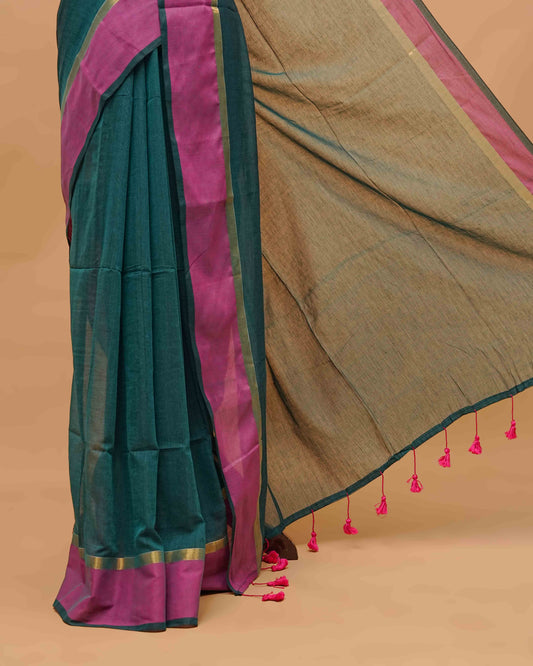 Peacock Green Colour Mul Cotton Saree Featuring Plain body, With Contrast Gold and Magenta Border, pallu comes With Tassels