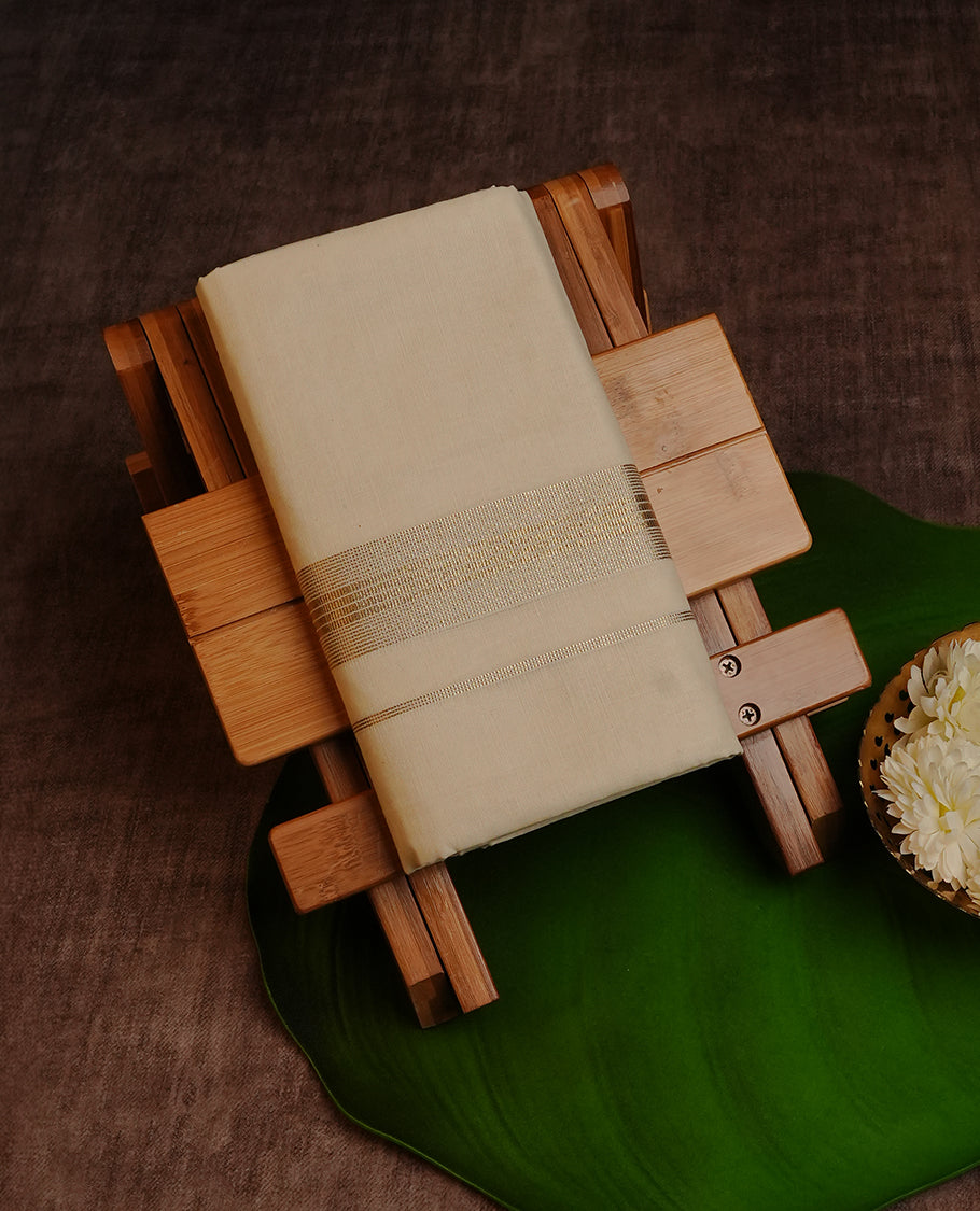 Cream colour Cotton Double dhoti featuring plain with Light Gold Striped  kara.