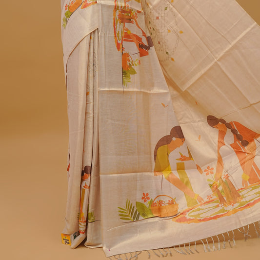 Cream colour semi tissue saree featuring Kerala traditional Festival prints on the body, without a border & pallu . Paired with a matching blouse piece.