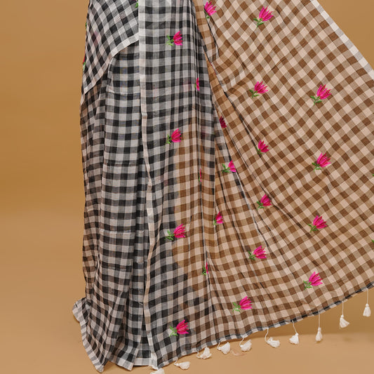 Black & White coloured mul cotton saree