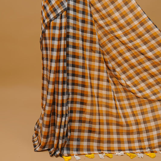 Mustard & Black colour mul cotton saree