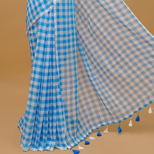 Skyblue & White coloured mul cotton saree