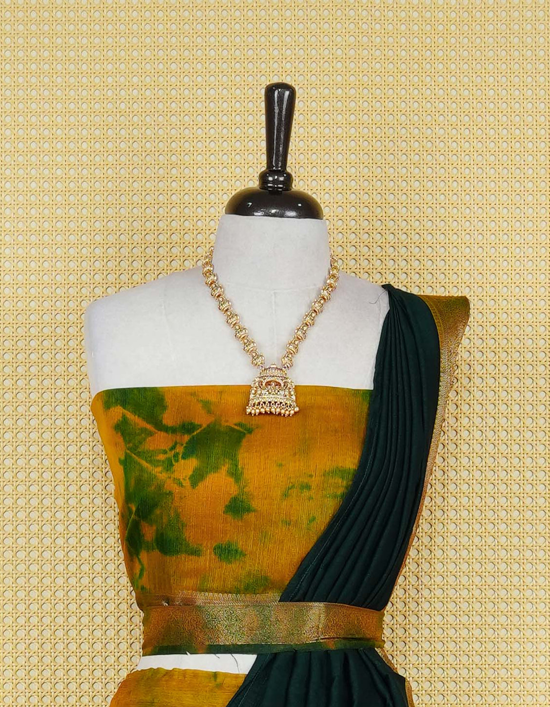 Mustard colour semi linen Semi Stitched dhavani set Featuring  Green Colour Ombre shaded Body & contrast Green Colour Border with Gold zari Details on skirt, Contrast Blouse piece & matching dupatta.