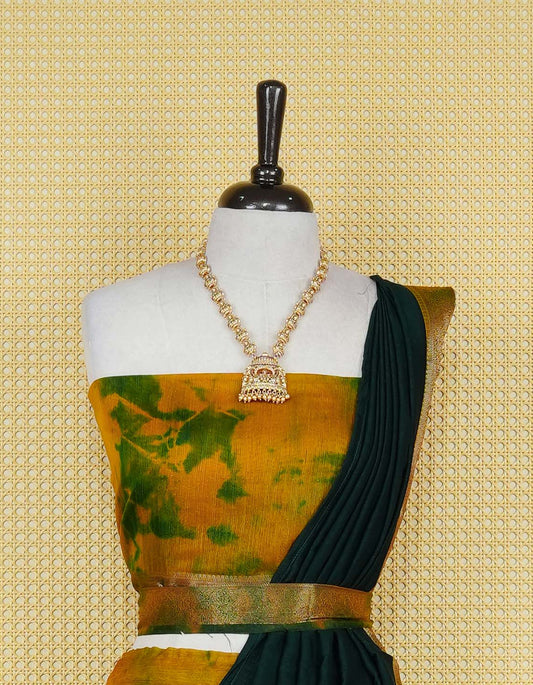 Mustard colour semi linen Semi Stitched dhavani set Featuring  Green Colour Ombre shaded Body & contrast Green Colour Border with Gold zari Details on skirt, Contrast Blouse piece & matching dupatta.