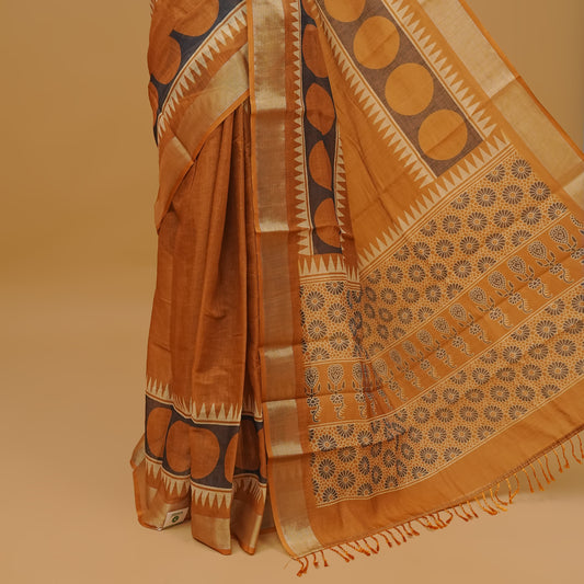 Mustard brown colour semi jute saree