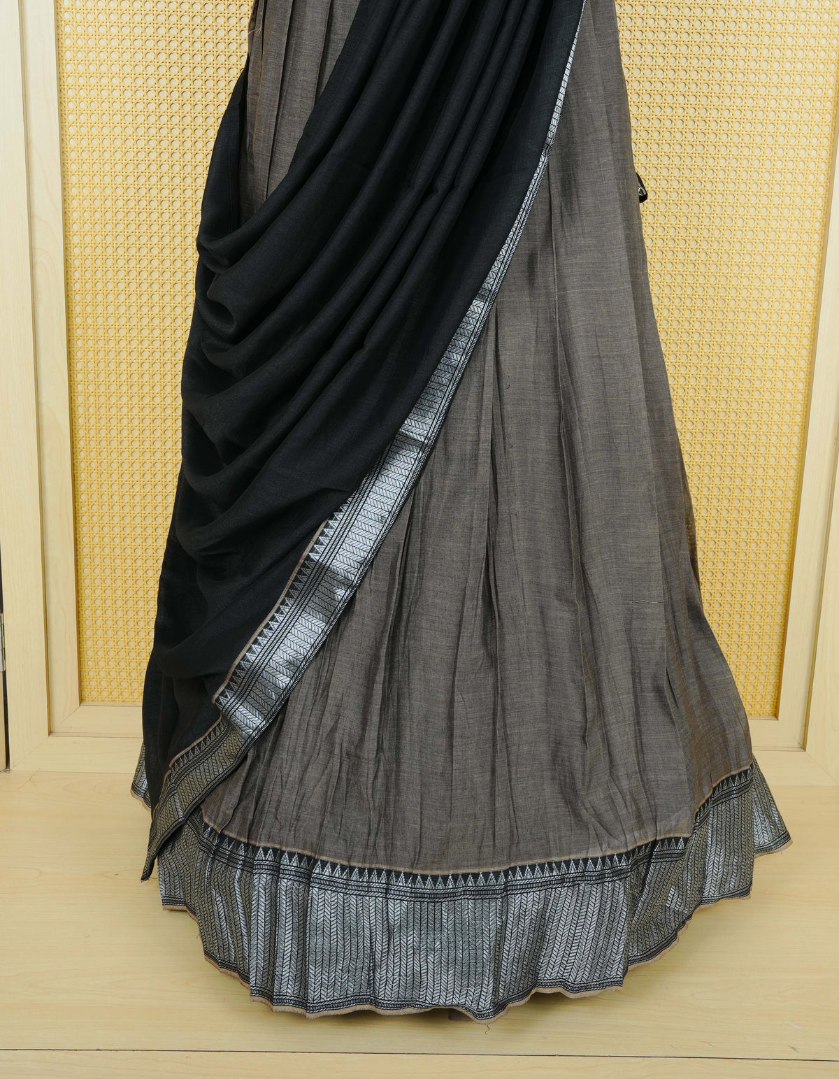 Khaki Grey colour Chettinad Semi Stitched dhavani set Featuring contrast Black Colour with Silver zari border on skirt, Contrast Blouse piece & matching dupatta.
