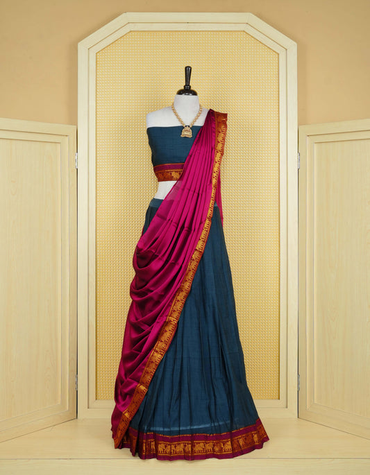 Dark Grey colour Chettinad Semi Stitched dhavani set Featuring contrast Magenta colour with Gold zari border on skirt, Contrast Blouse piece & matching dupatta.
