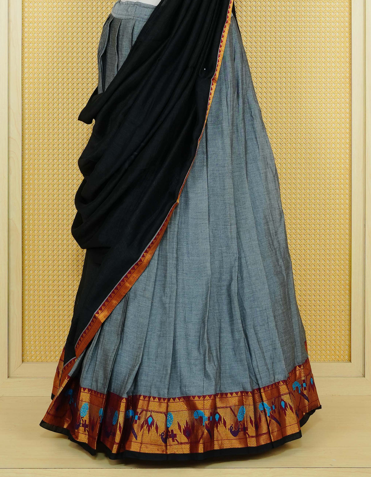 Grey colour Chettinad Semi Stitched dhavani set Featuring contrast Maroon colour with Gold zari border on skirt, Contrast Blouse piece & matching dupatta.