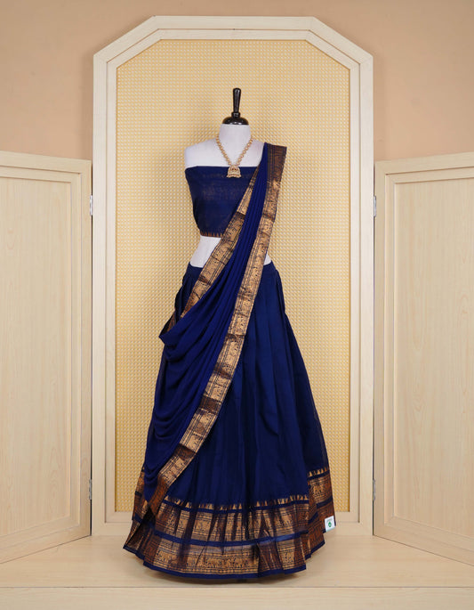 Navy Blue colour Chettinad Semi Stitched dhavani set Featuring contrast self colour with Gold zari border on skirt, Contrast Blouse piece & matching dupatta.