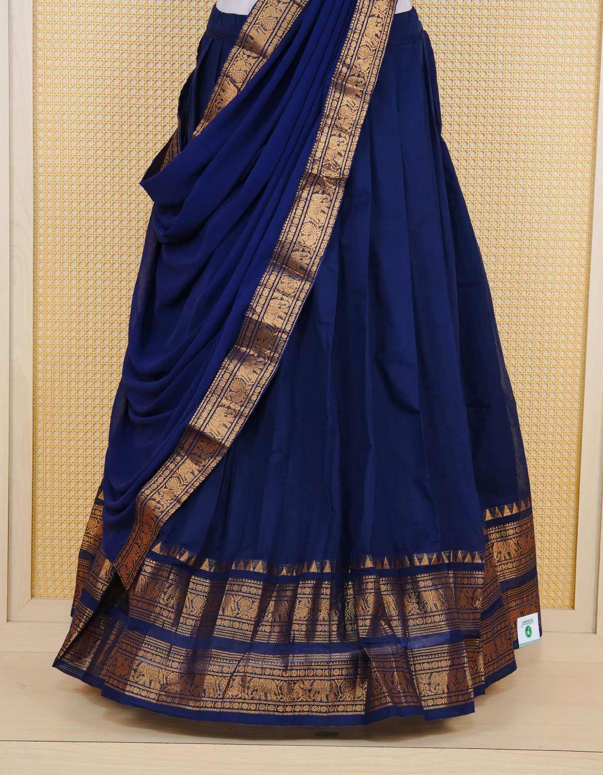 Navy Blue colour Chettinad Semi Stitched dhavani set Featuring contrast self colour with Gold zari border on skirt, Contrast Blouse piece & matching dupatta.