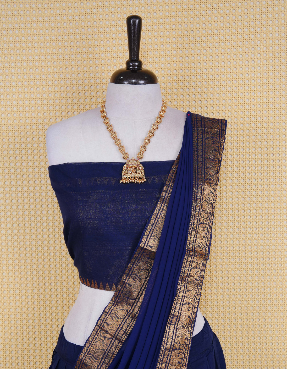 Navy Blue colour Chettinad Semi Stitched dhavani set Featuring contrast self colour with Gold zari border on skirt, Contrast Blouse piece & matching dupatta.
