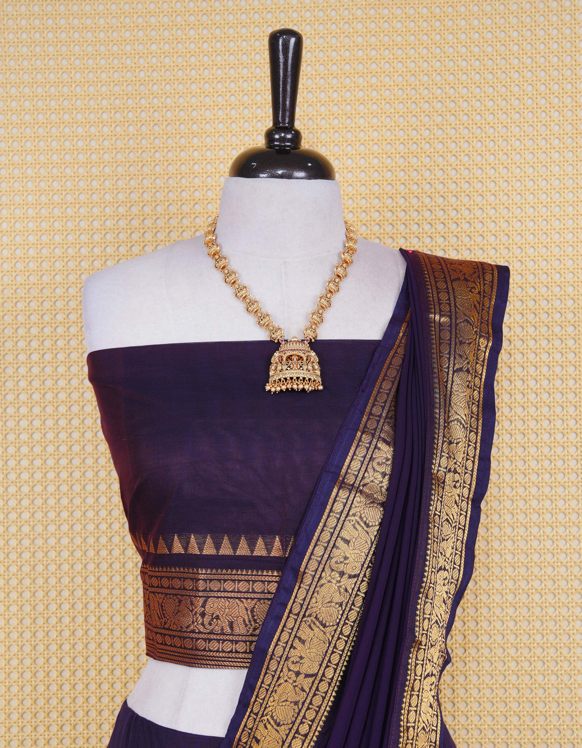Deep Purple colour Chettinad Semi Stitched dhavani set Featuring contrast self colour with Gold zari border on skirt, Contrast Blouse piece & matching dupatta.