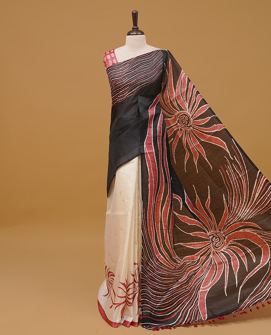 Black and off white colour semi jute saree