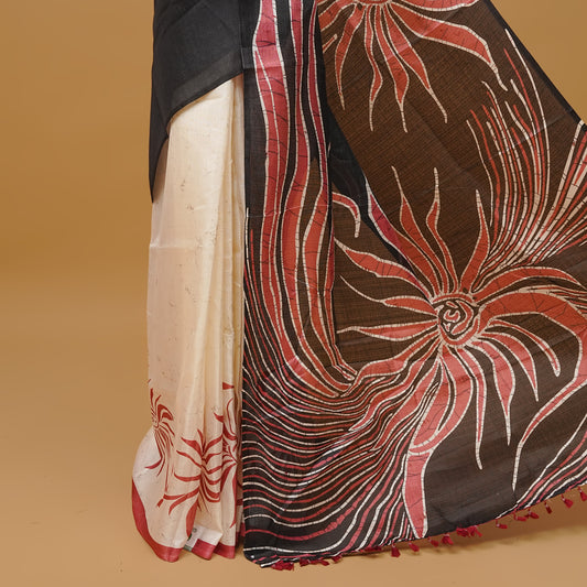 Black and off white colour semi jute saree