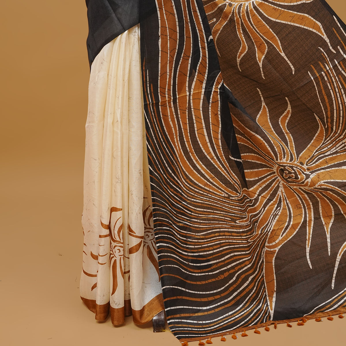 Olive and off white colour semi jute saree