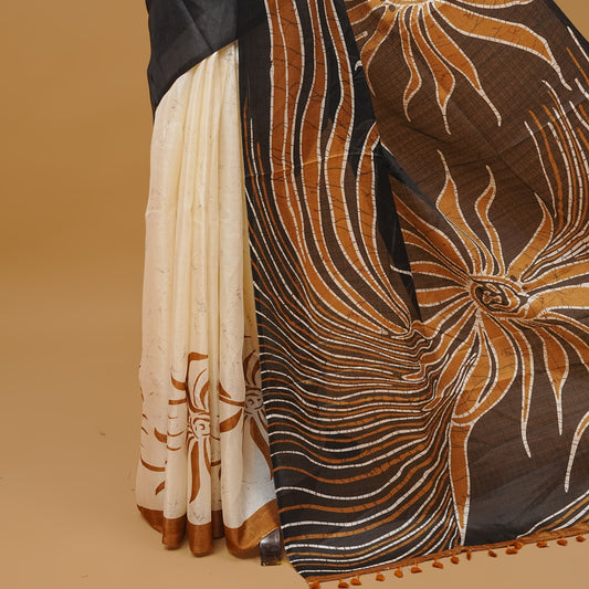 Olive and off white colour semi jute saree