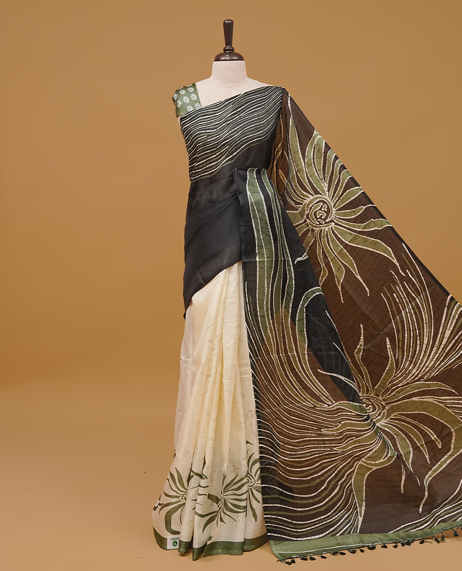 Green and off white colour semi jute saree
