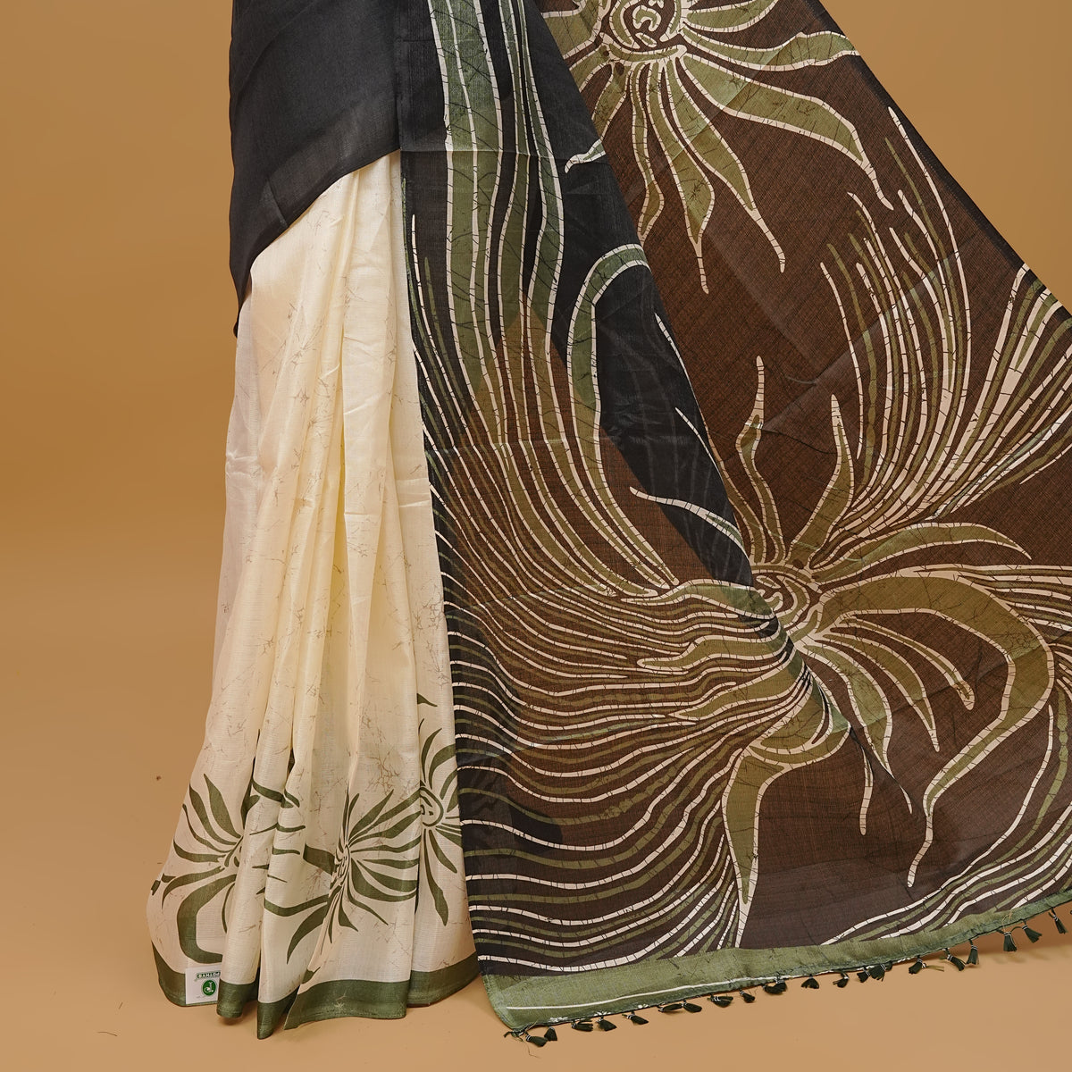 Green and off white colour semi jute saree