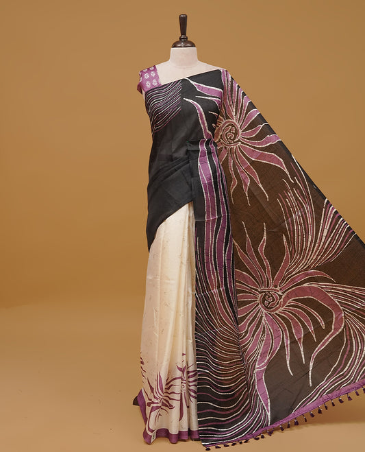 Black and off white coloured semi jute saree